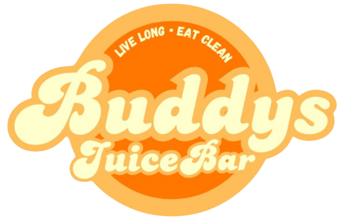 A logo for Buddy's Juice Bar featuring cream-colored text on an orange circle, reading