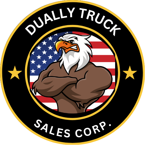 A logo for dually truck sales corp. with a bald eagle