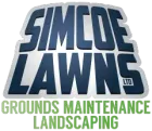 Logo for Simcoe Lawns, a grounds maintenance and landscaping company, with blue text and green subtext.