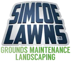Logo for Simcoe Lawns, a grounds maintenance and landscaping company, with blue text and green subtext.