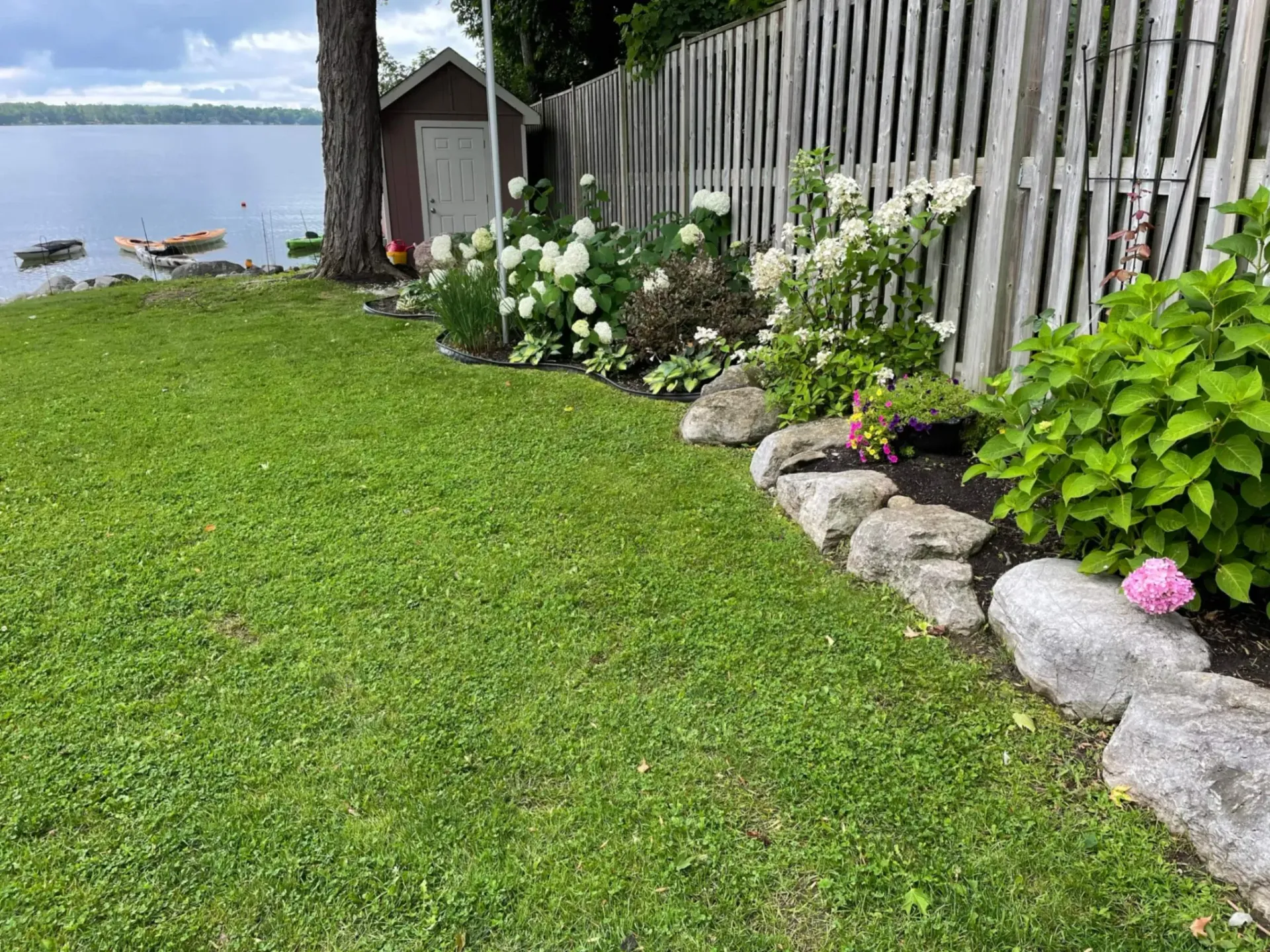 Lush green lawn with a garden bed featuring white and pink flowers, a wooden fence, and a lake in the background.