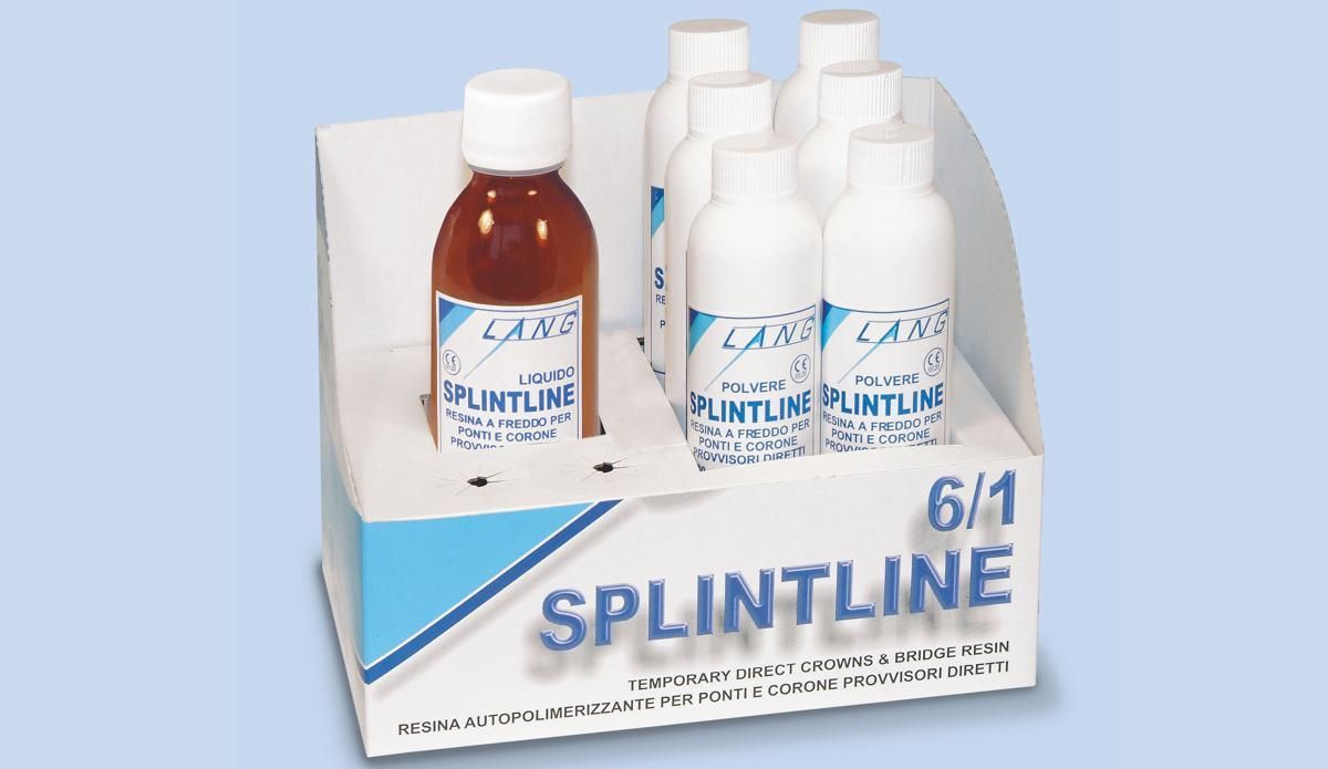 Una scatola espositiva bianca contenente sei flaconi di Splintline liquido, con un flacone ambrato nella parte anteriore e cinque flaconi bianchi.
