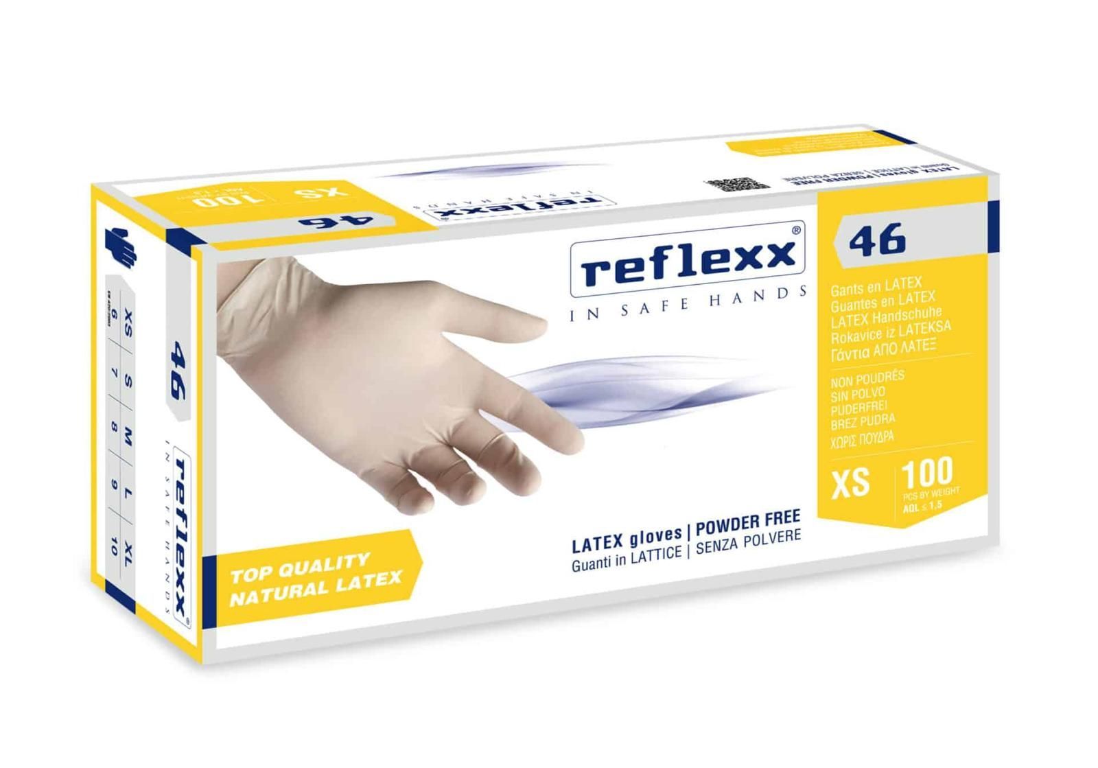 Una confezione di guanti Reflexx 46 in lattice naturale, senza polvere, taglia extra-piccola, contenente 100 guanti.