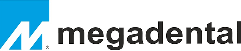 Il logo di Megadental presenta un quadrato blu contenente una lettera