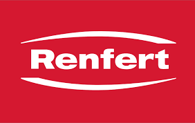 Il logo bianco di Renfert, con testo in grassetto tra due linee curve su sfondo rosso.