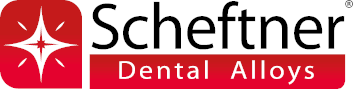 Logo aziendale di Scheftner Dental Alloys, caratterizzato da un'icona a forma di stella bianca su sfondo rosso, accanto a un testo in bianco e nero.