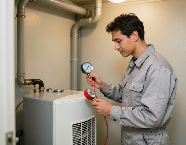 Technician checking HVAC unit gauges in a utility room