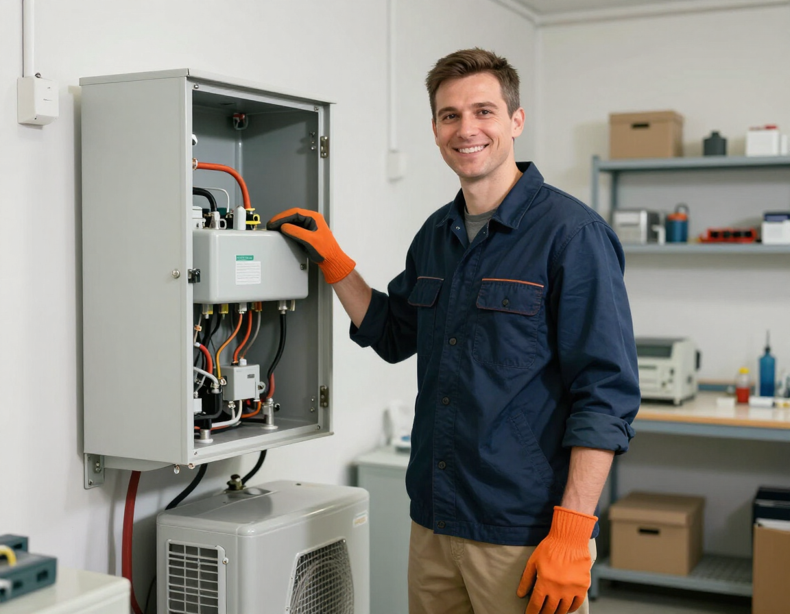 Technician in orange gloves inspecting an open electrical control panel in a workshop