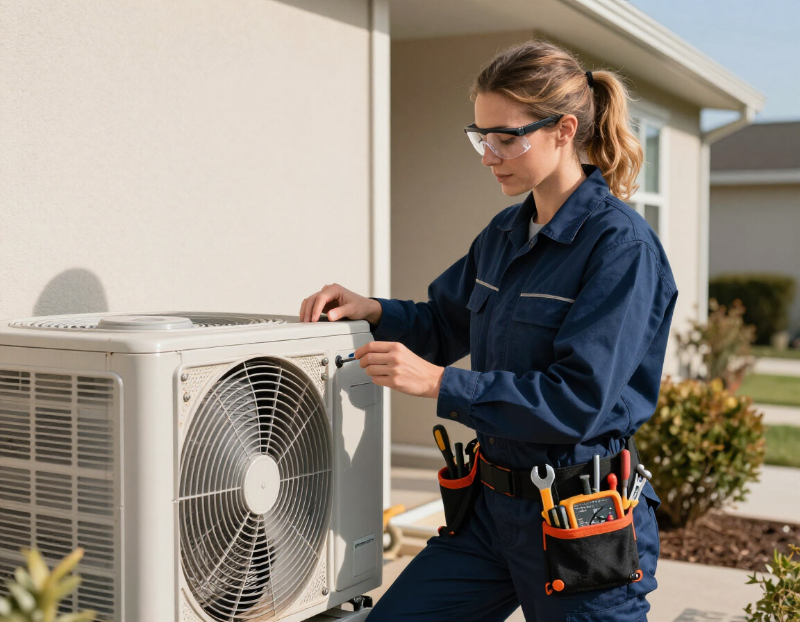 Technician inspecting outdoor air conditioner unit with tools at a house
