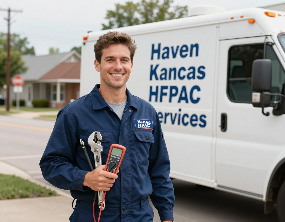 HVAC technician smiling beside a service van, holding tools outdoors in a neighborhood