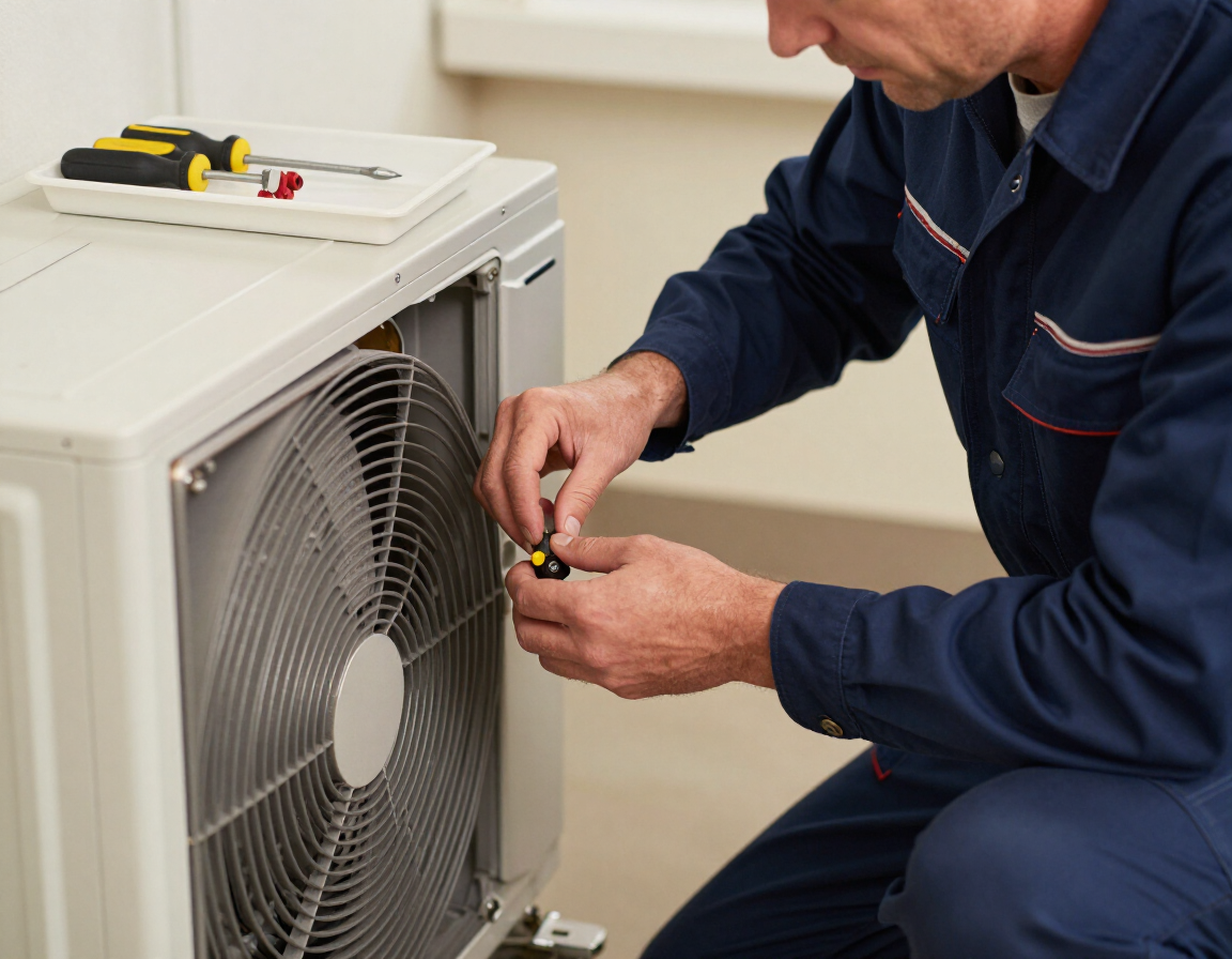 Technician repairing an outdoor air conditioning unit with tools in a home setting