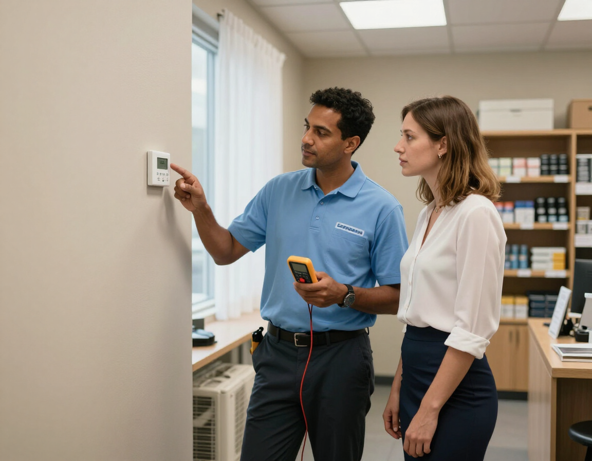 Technician adjusting a wall thermostat while discussing readings with a colleague in an office room