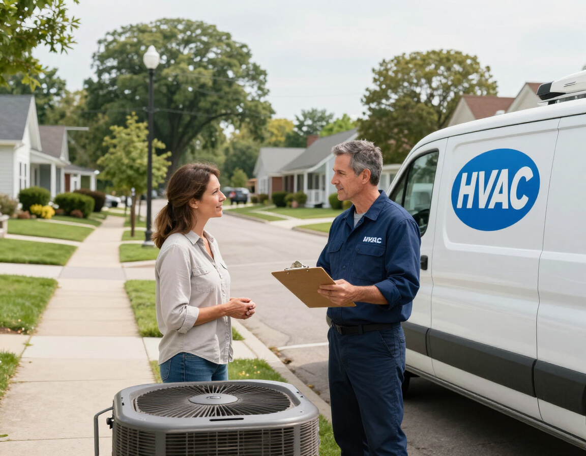HVAC technician consulting with a homeowner beside an outdoor air conditioner on a suburban street