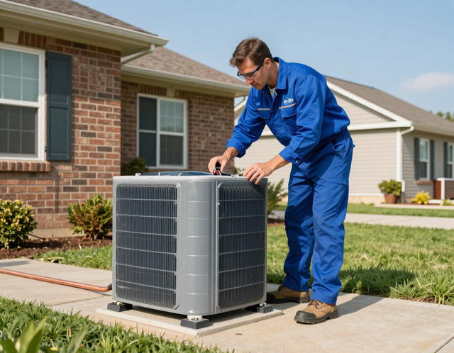 Technician in blue uniform inspecting an outdoor air conditioning unit beside a suburban house