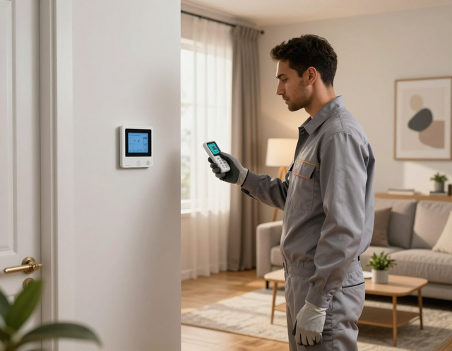 Man standing by a wall thermostat, checking a smartphone in a bright living room.