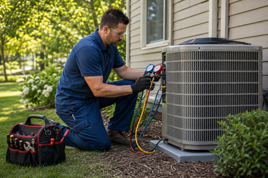 Technician kneeling beside outdoor HVAC unit, checking gauges and hoses on a service call