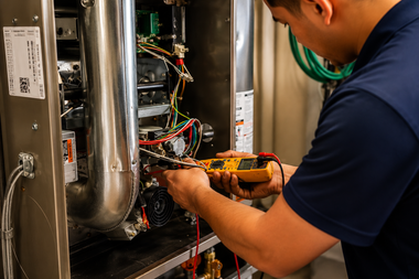Technician using a tool to repair wiring inside an open metal electrical panel
