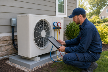 Technician inspecting an outdoor HVAC unit with a tablet beside a house.