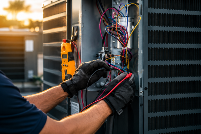 Technician wiring an outdoor HVAC unit at sunset, wearing black gloves and using a yellow drill.