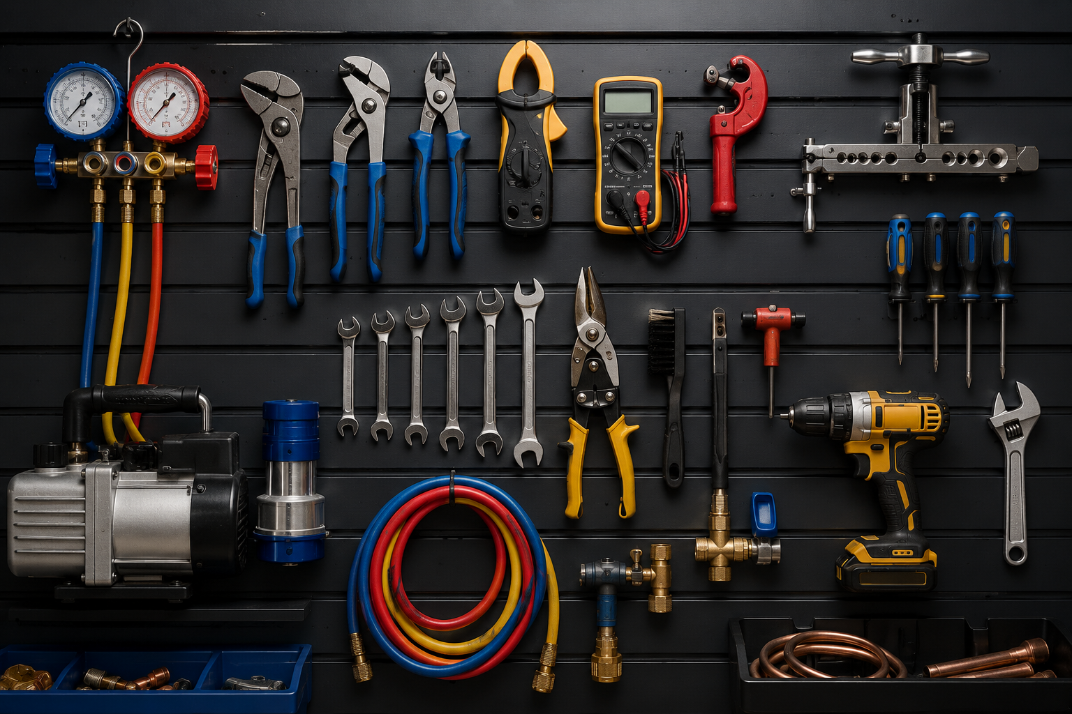 Assorted hand tools and gauges neatly arranged on a dark workshop wall and workbench.
