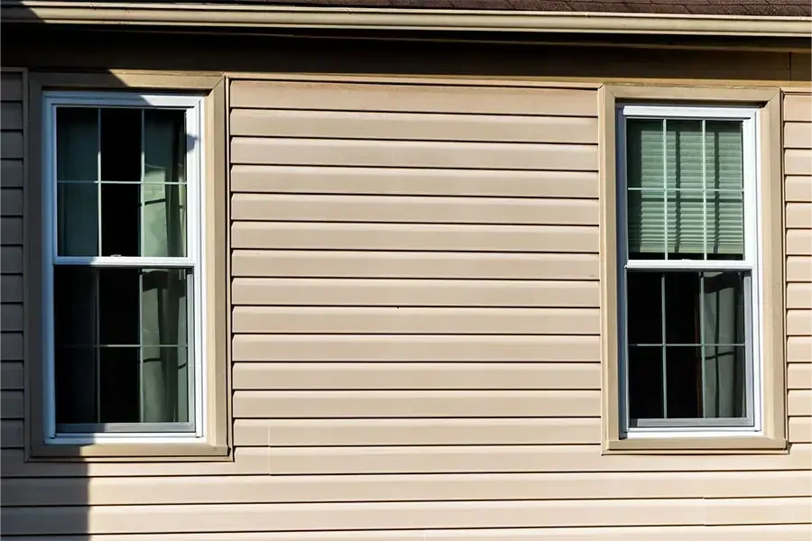 Beige house siding with two windows, one on each side, and closed blinds in the right window