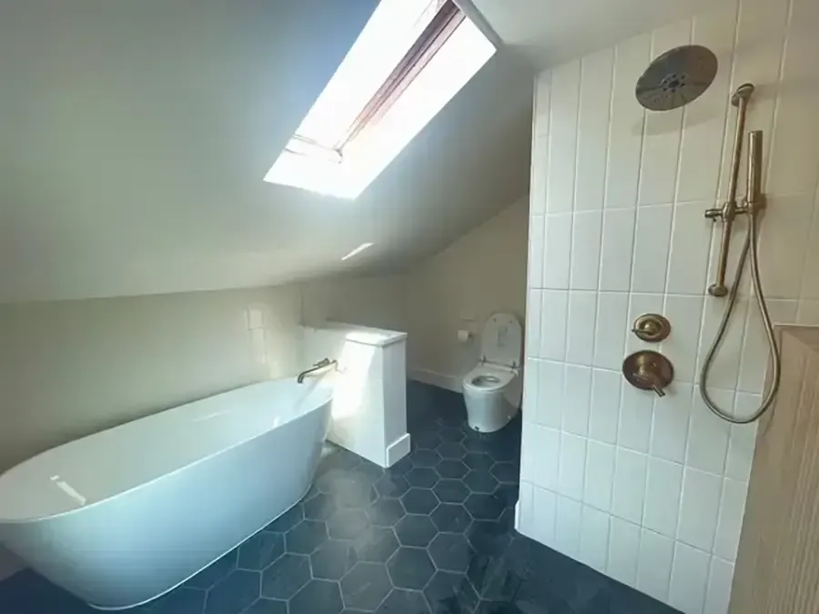Modern bathroom with freestanding tub, skylight, tiled shower, and toilet