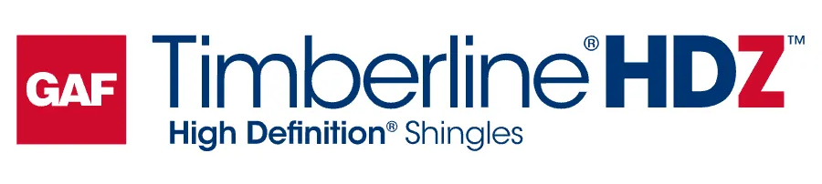 GAF Timberline HDZ shingles logo with red GAF square and blue Timberline HDZ text
