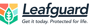 Leafguard logo with green shield leaf icon and slogan “Get it today. Protected for life.”