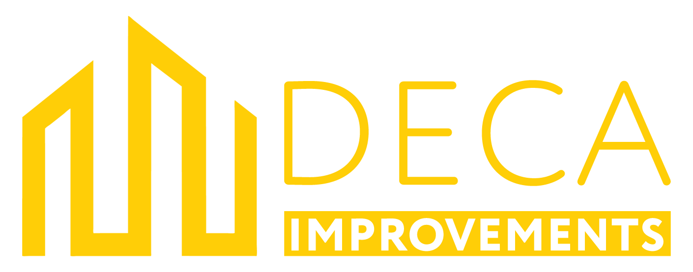 DECA Improvements logo in gold with stylized house icon and text