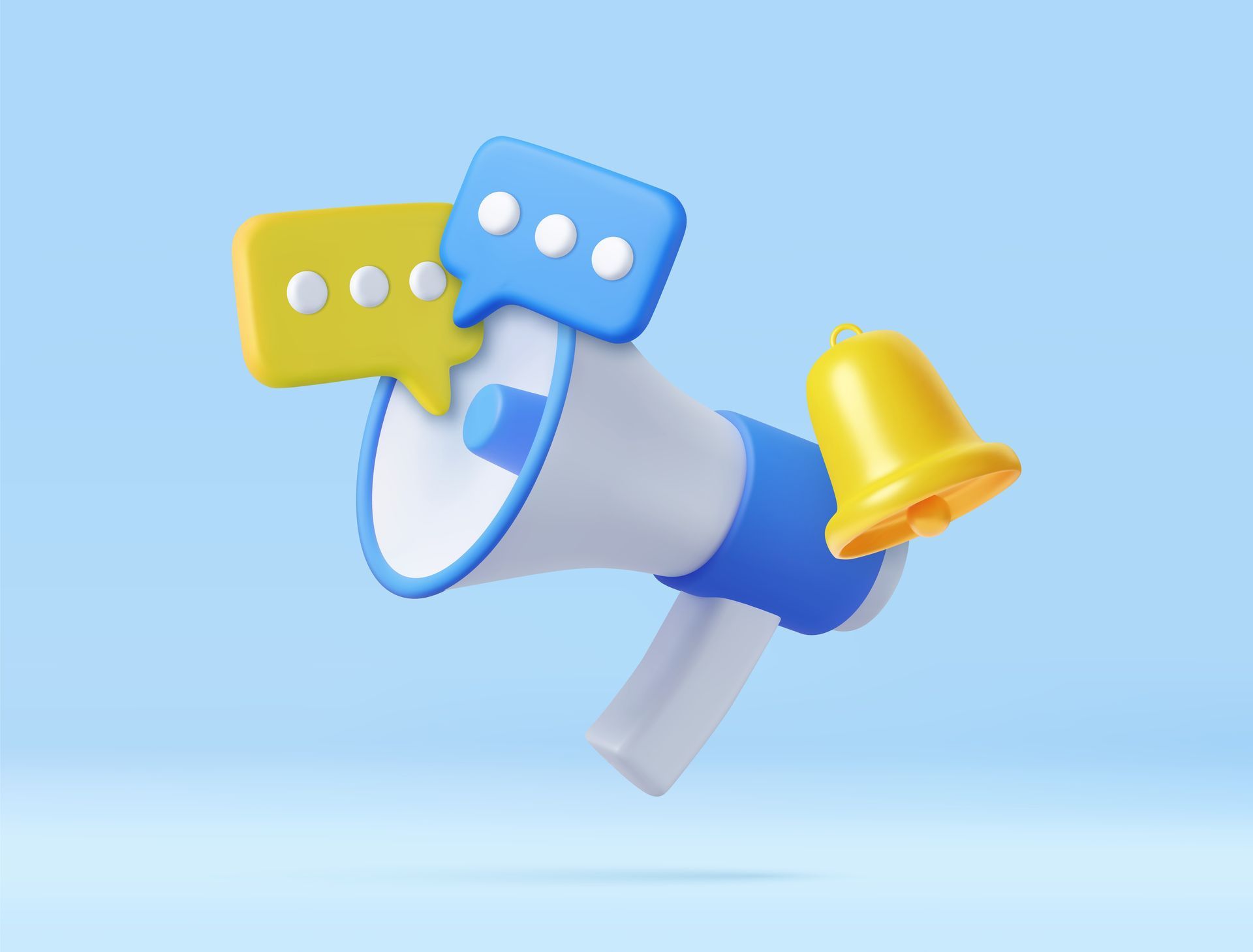 Uma renderização 3D de um megafone com balões de fala e um sino.