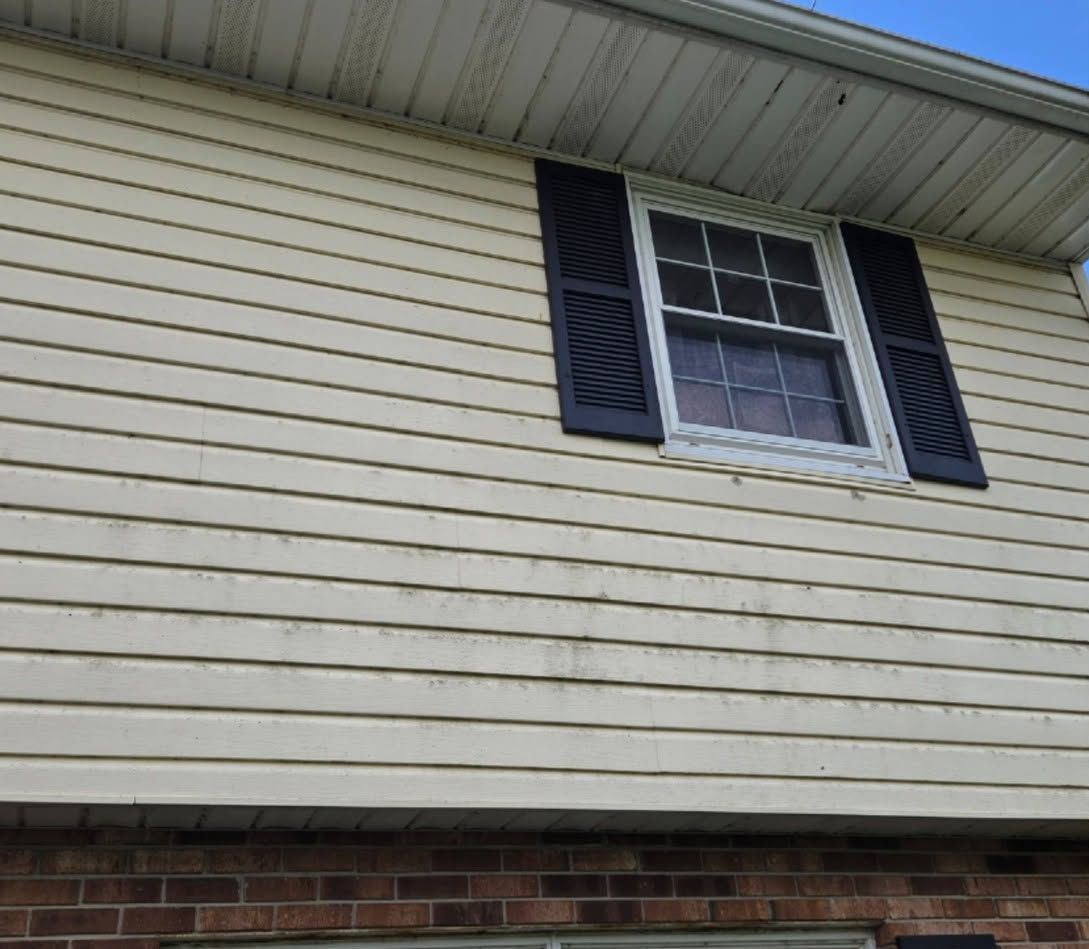 Exterior of a house with beige siding, a window with dark shutters, and a brick foundation