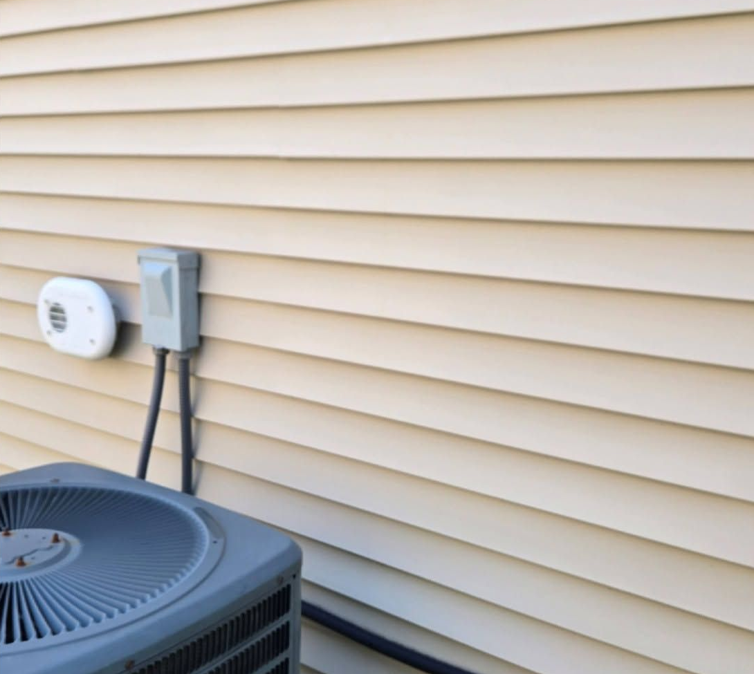 Outdoor HVAC unit beside house siding with a white thermostat and electrical box mounted on the wall