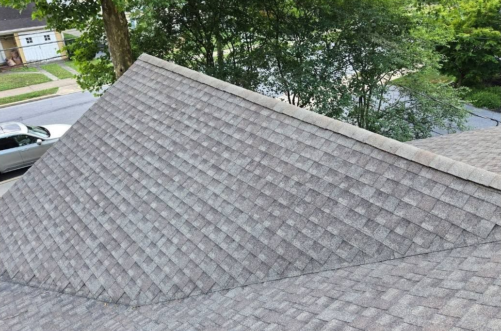 Gray shingled roof on a house, viewed from above with trees and a street in the background