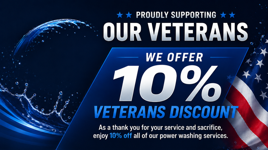Veterans discount banner with blue background, “We offer 10% veterans discount” and patriotic stars.