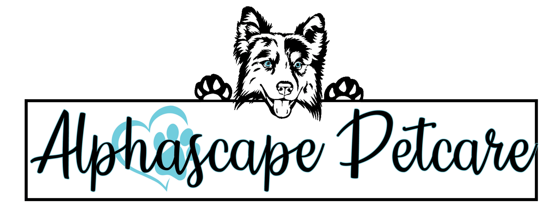 Logo of Alphascape Petcare, with a dog peeking over a rectangular banner. Text is black, with a blue heart and paw.