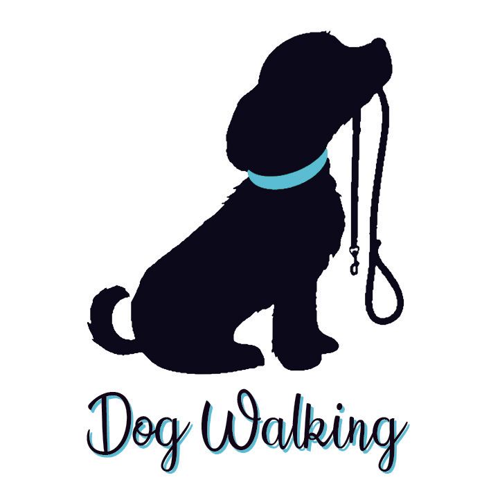 Black dog silhouette with turquoise collar holding a leash, text 