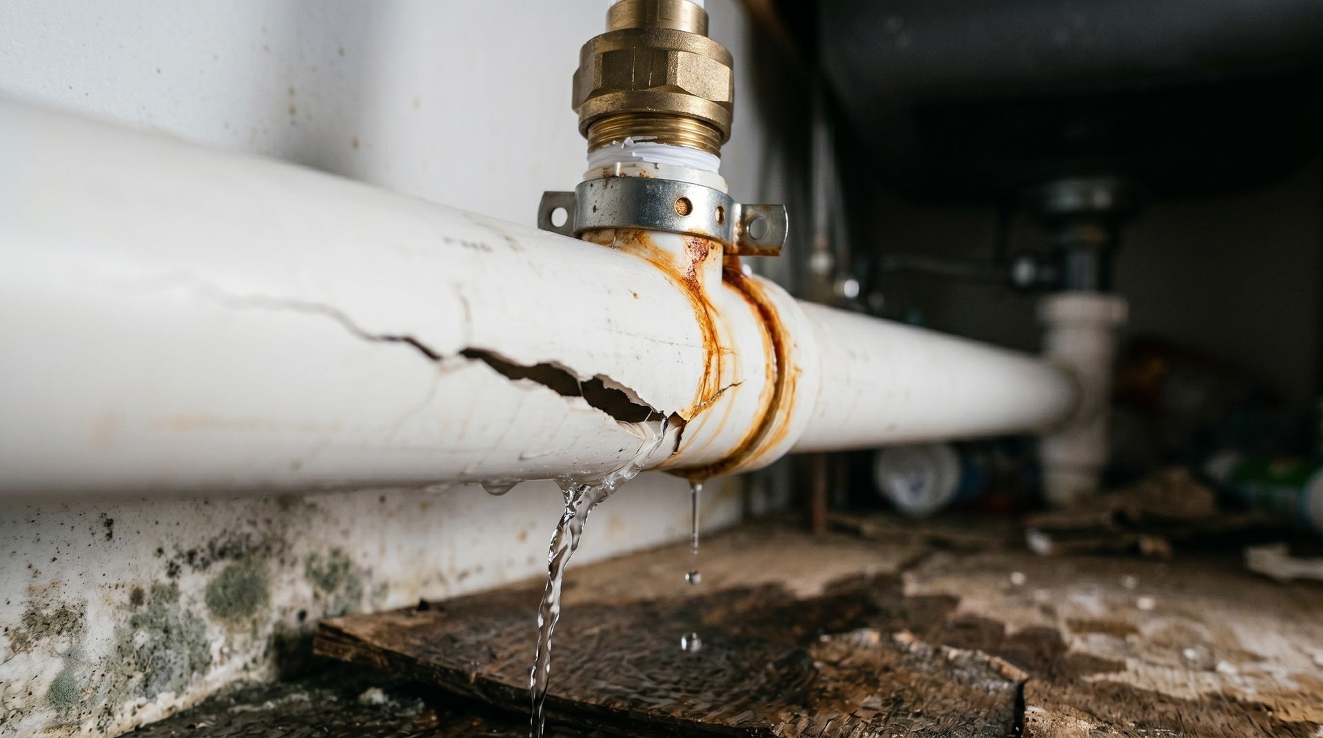 Leaking white pipe with rust stains dripping onto a floor in a dim utility space
