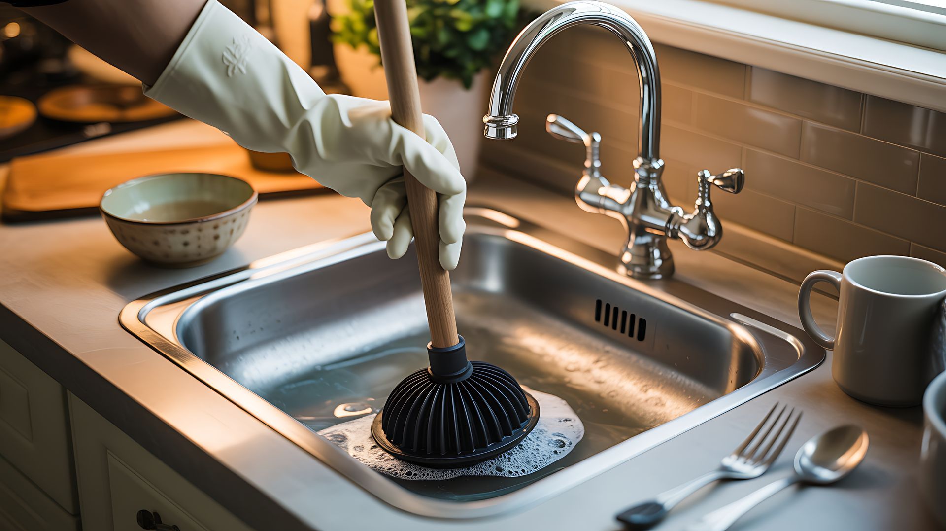 Gloved hand scrubbing a kitchen sink drain with a brush under a chrome faucet