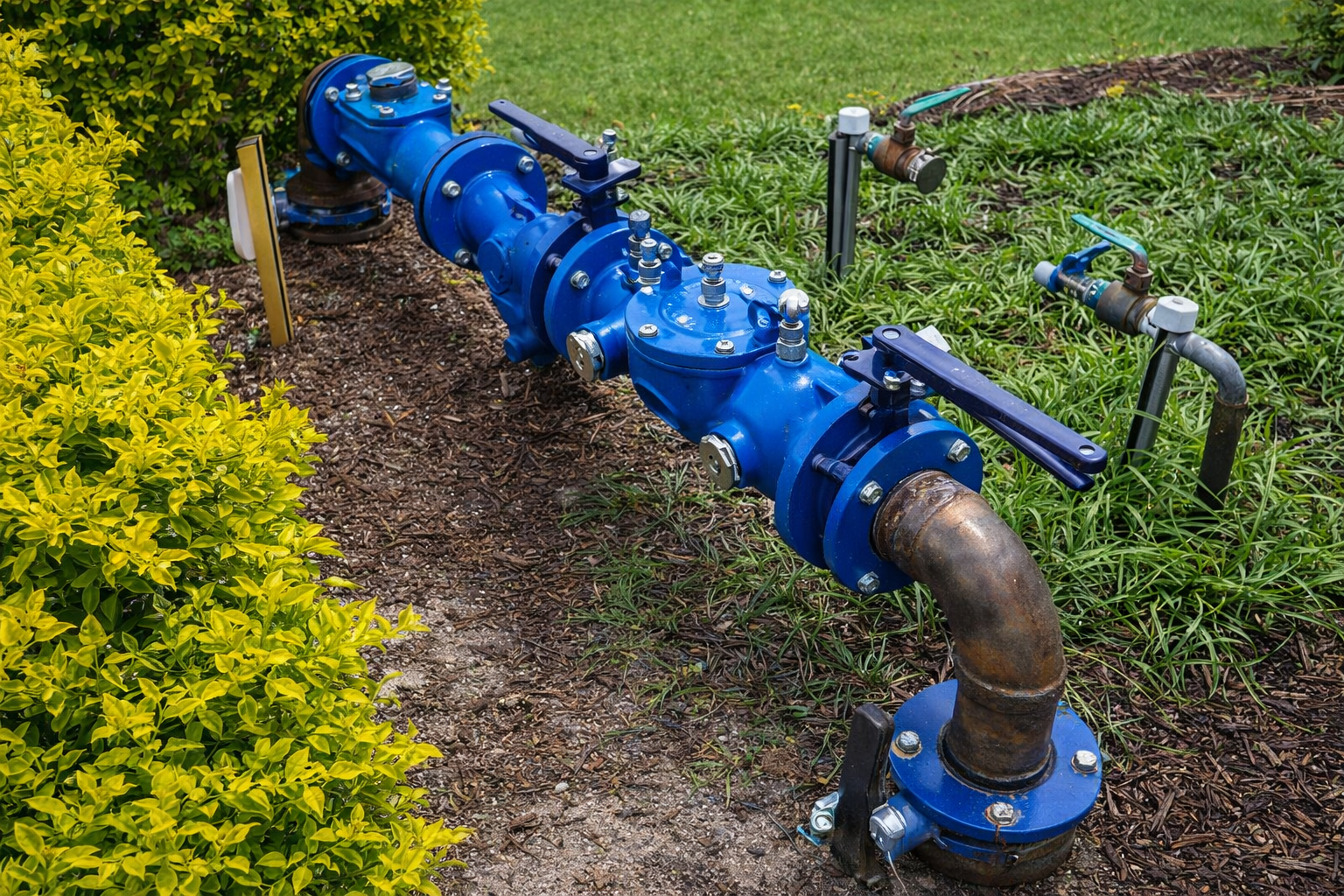 Blue water pipes with valves and a curved copper pipe in a grassy yard.