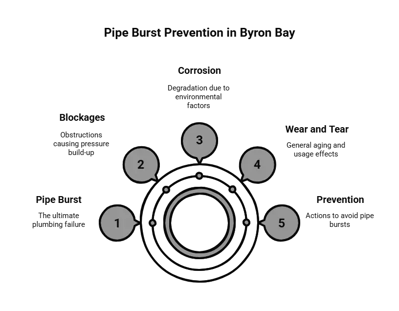 Diagram of pipe burst prevention in Byron Bay, showing causes (blockages, corrosion, wear), and prevention measures.