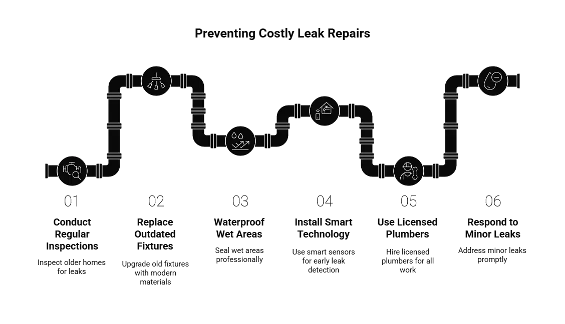 Diagram illustrating steps to prevent costly leak repairs in a pipe system:
