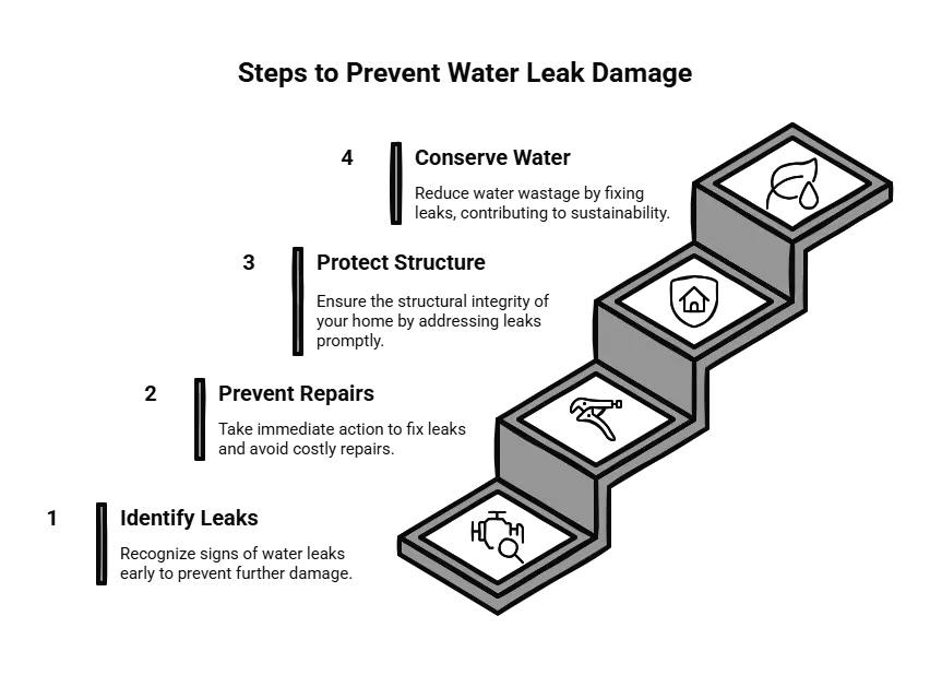Diagram: Steps to prevent water leak damage. 