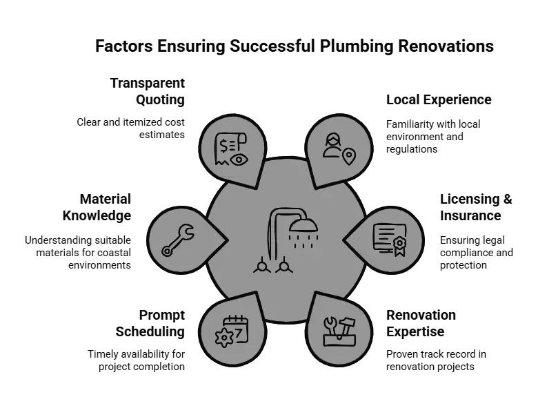 Factors for successful plumbing renovations, shown in a diagram: 