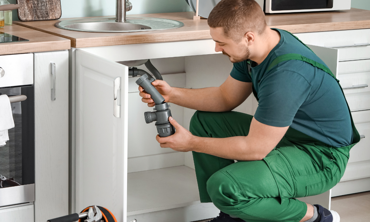 Plumber repairing under-sink pipes in a kitchen, using a power tool with cabinet doors open