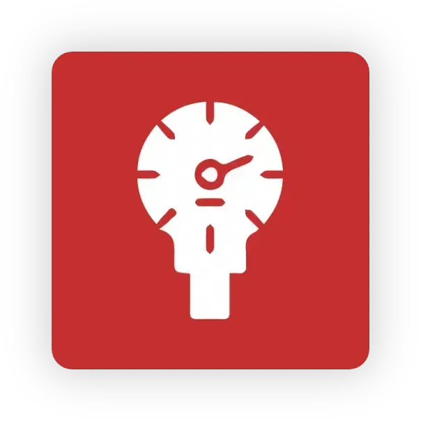 White pressure gauge icon on a red square background.