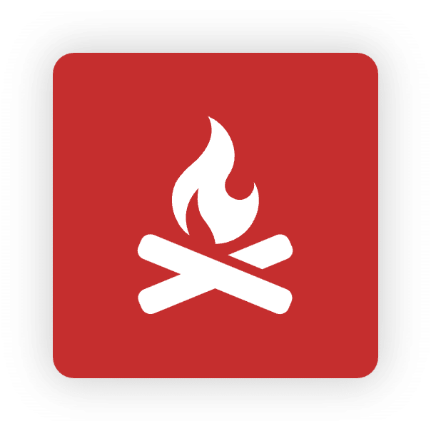 Campfire icon on red background.