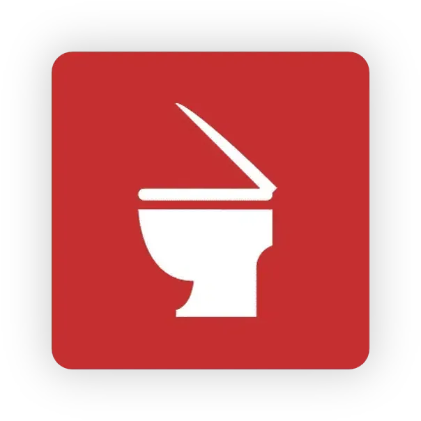 White toilet icon with raised lid on a red square background.