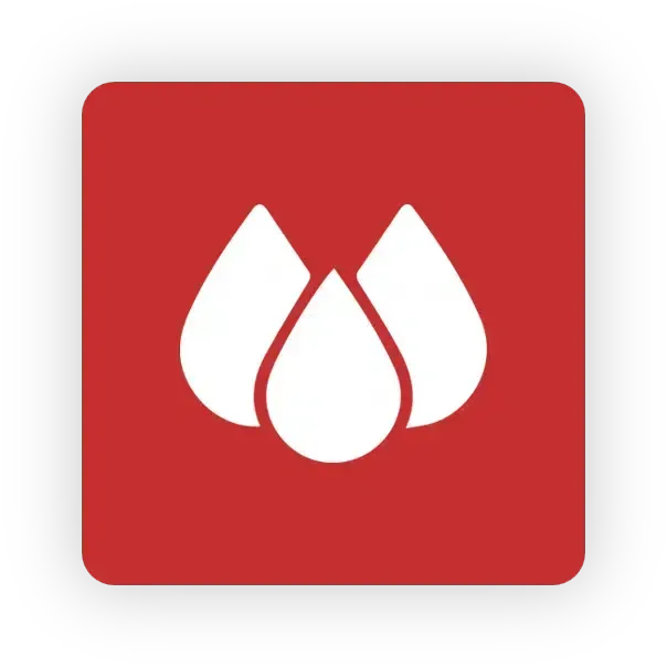 White stylized water drops on a red square background.