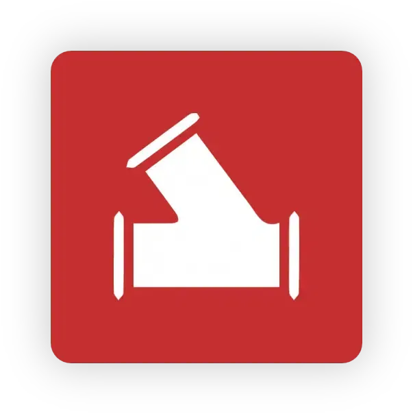 White pipe fitting on a red background, with one angled pipe and two straight ones.