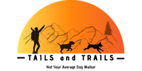 A logo for tails and trails with a man and two dogs